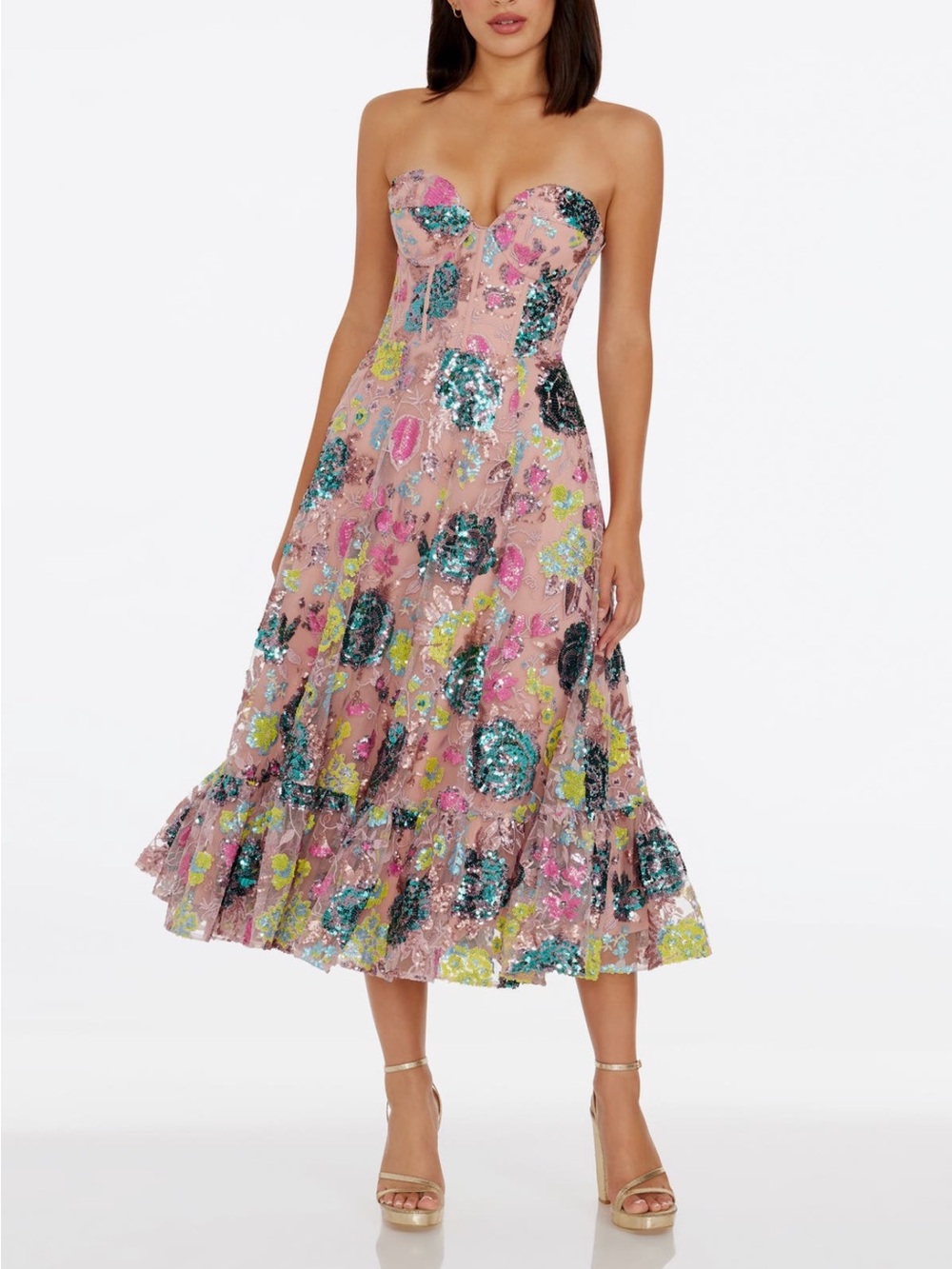 Dress the Population Blush Strapless Sequin Floral Midi Dress